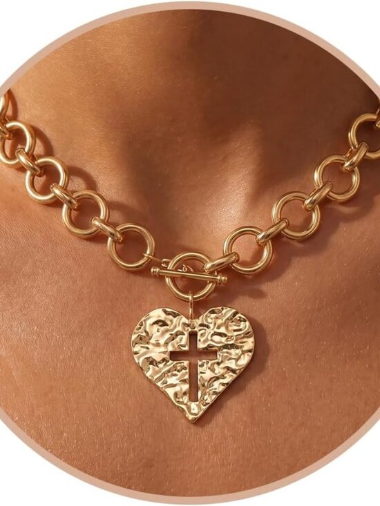 Jewelry - Gold Chunky Cross Necklace for Women Hammered Chunky Necklaces | 14K Gold Plated